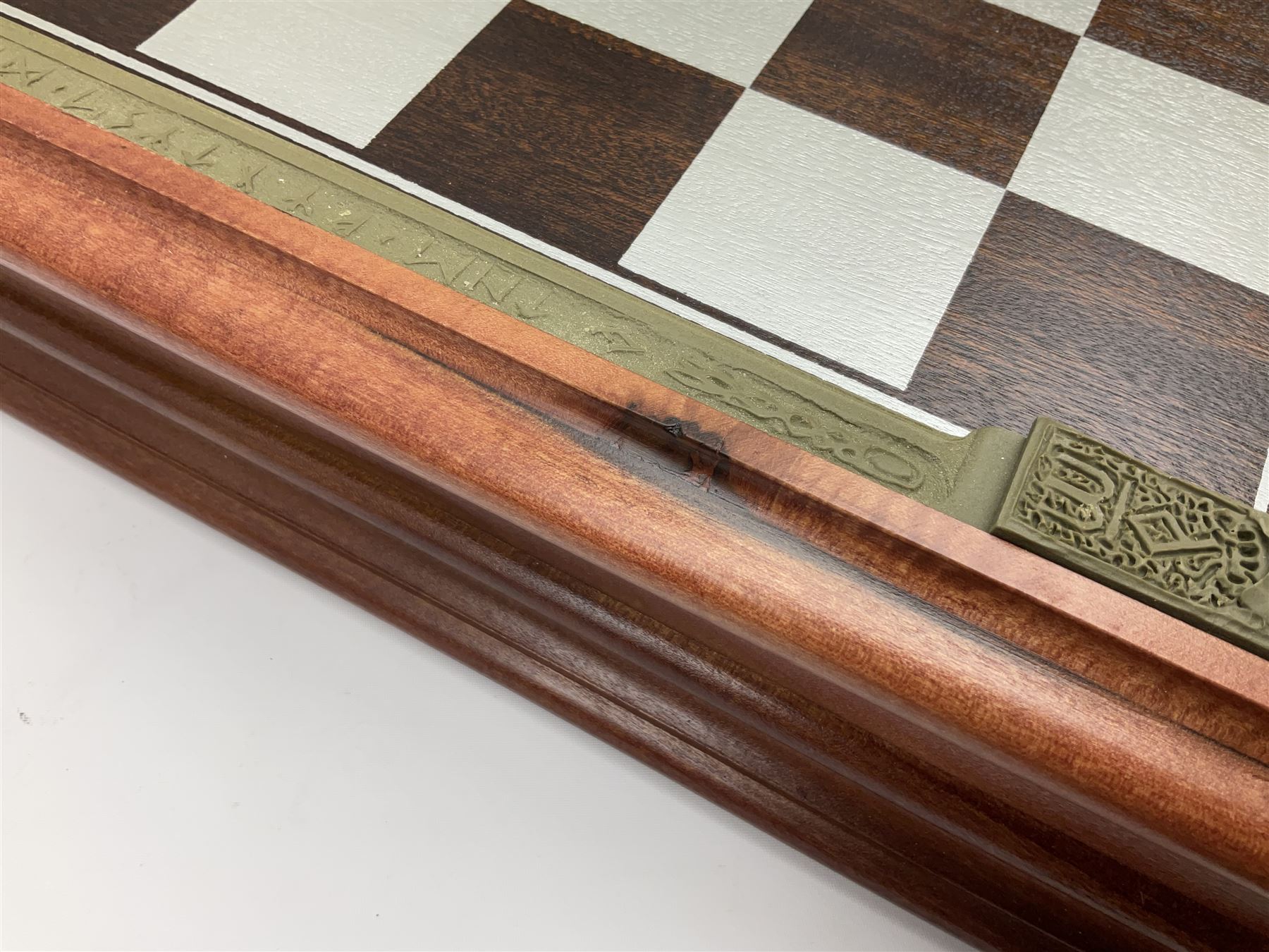 Danbury Mint 'The Fantasy of the Crystal' chess set consisting of mythical pewter chess pieces within a wooden case with chess board lid, together with 16 additional chess pieces in a wooden display case.