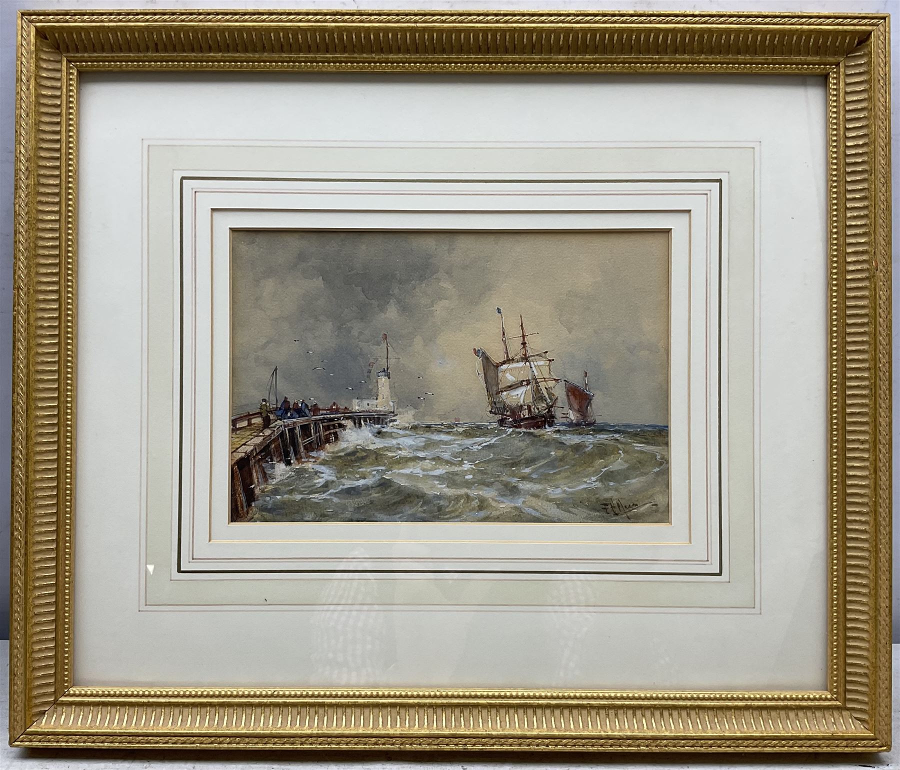 Frank Henry Mason (Staithes Group 1875-1965): Ships Returning to Calais and Shipping off the Coast, possibly St Andrews, pair watercolours heightened in white signed 15cm x 23cm (2)