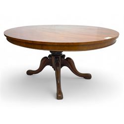 Victorian mahogany breakfast loo table, oval tilt-top on turned pedestal, quatrefoil out-splayed carved supports, scroll carved terminals with brass castors