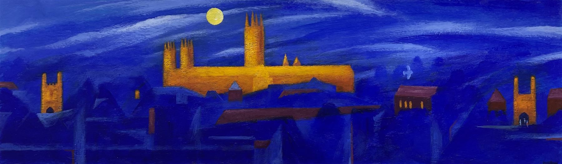 David Carson Shaw (British 1942-): 'Cathedral Moon', acrylic on board, signed, titled verso 12cm x 40cm