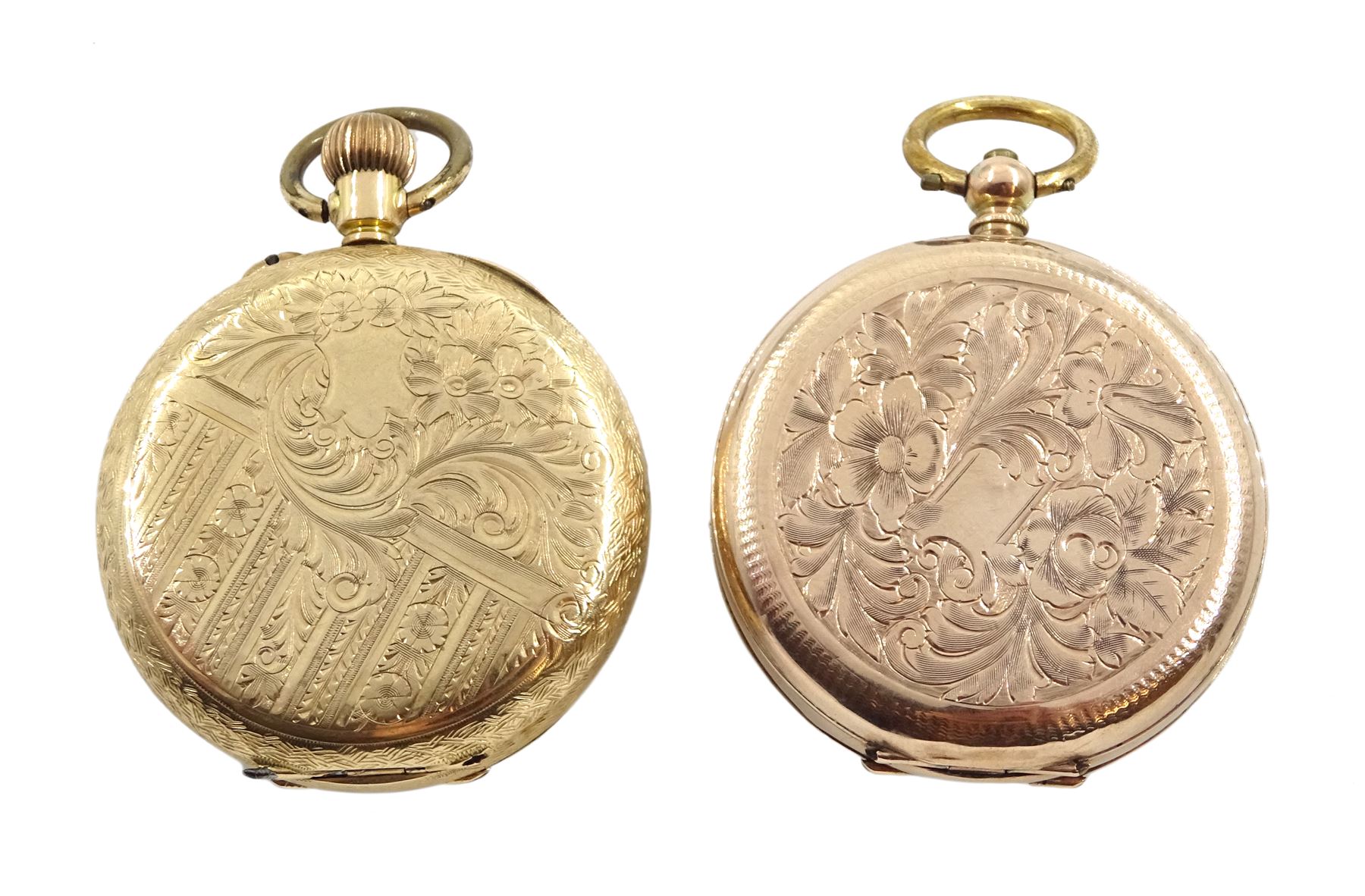Gold open face ladies keyless cylinder fob watch stamped K14 and one other rose gold open face key wound ladies cylinder pocket watch, stamped 9K, both with white enamel dials with Roman numerals and gold decoration (2)