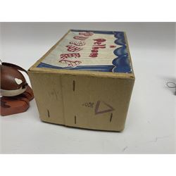 Pelham Puppet - three puppets comprising a painted wooden duck with felt mouth and wings with metal joints H12cm, in original box and instructions; and two further examples Type A cat with a hollow body H12cm, and a boy H23cm (3) 