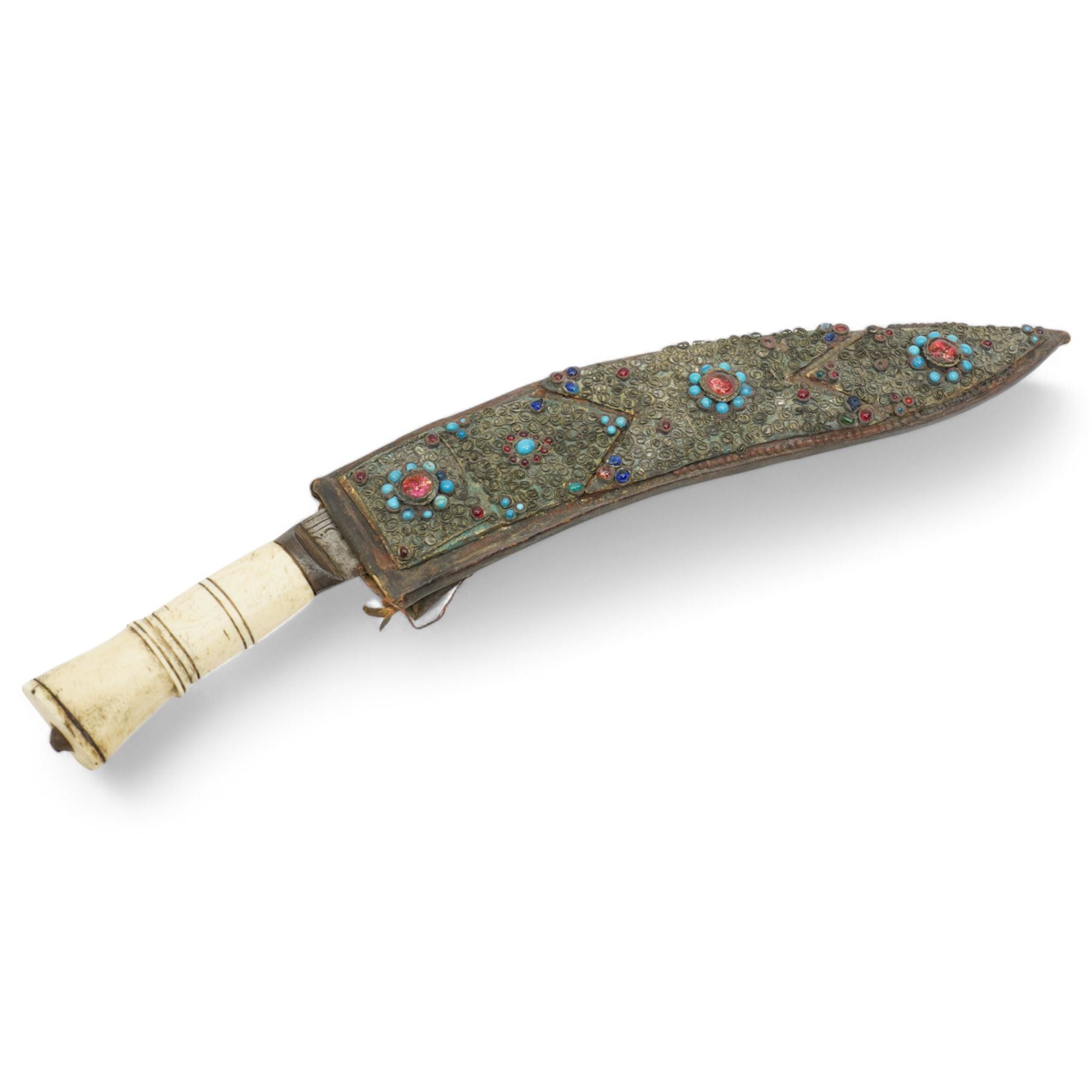 Nepalese kukri with engraved blade, bone hilt and jewelled scabbard and an Eastern dagger with decorated bone hilt (2)
