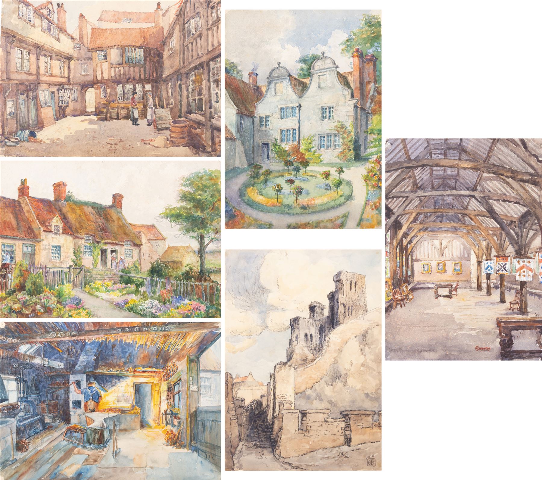 George Farquhar Pennington (British 1872-1961): Scarborough Castle 'The Village Smithy Lythe' 'Cottages Lythe' and 'The Vicarage Lythe' and others, six watercolours variously signed and titled, max 28cm x 39cm (6) (unframed)