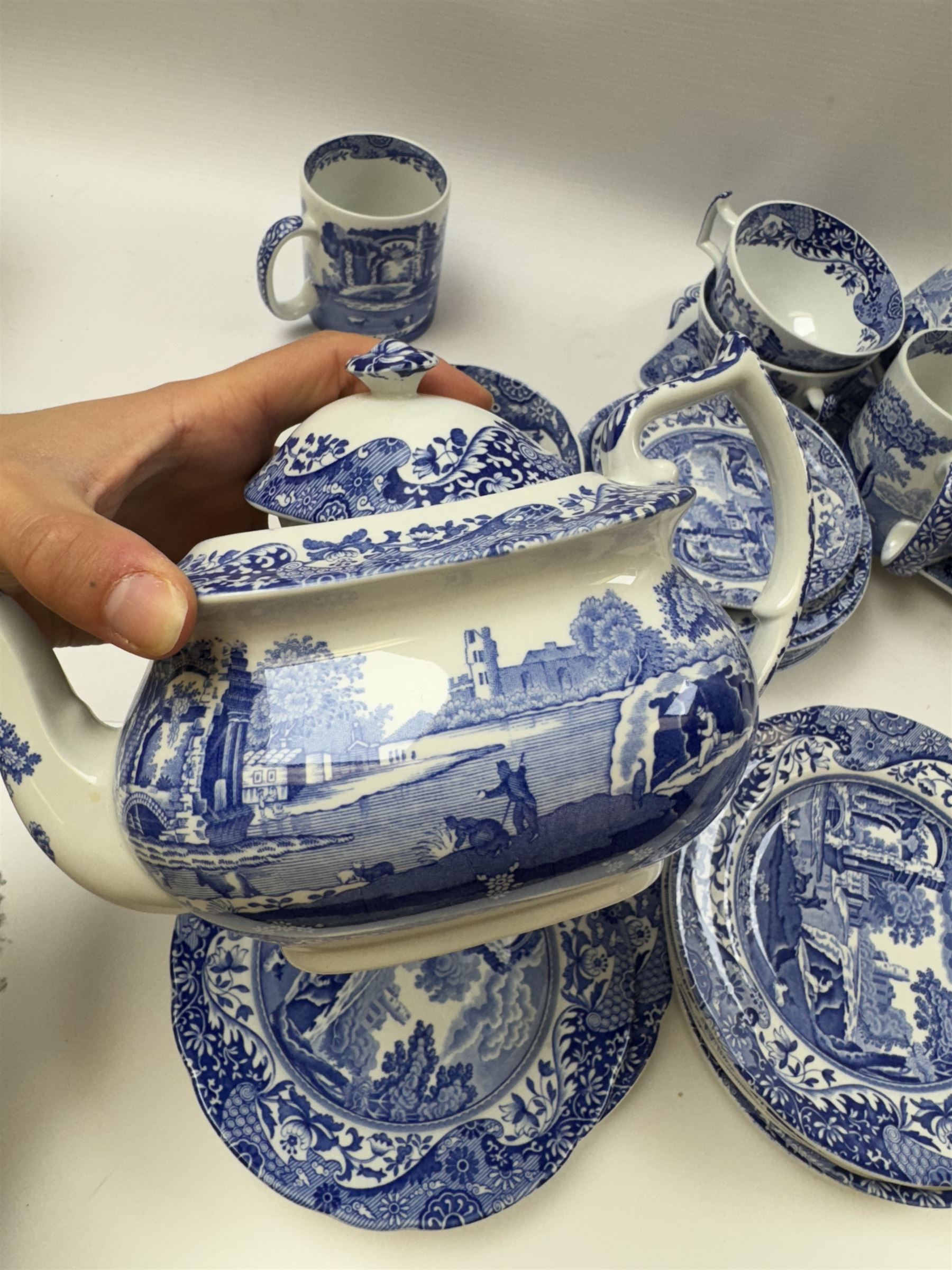 Spode Italian pattern tea service, comprising teapot, milk jug, open sucrier, six cups and saucers, two coffee cans and saucers, six dessert plates, four mugs and a sandwich plate (30) 