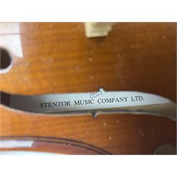 Three Stentor Student violins - three-quarter size with 33cm two-piece back; and two quarter size each with 28cm two-piece back; each in carrying case with bow (3)