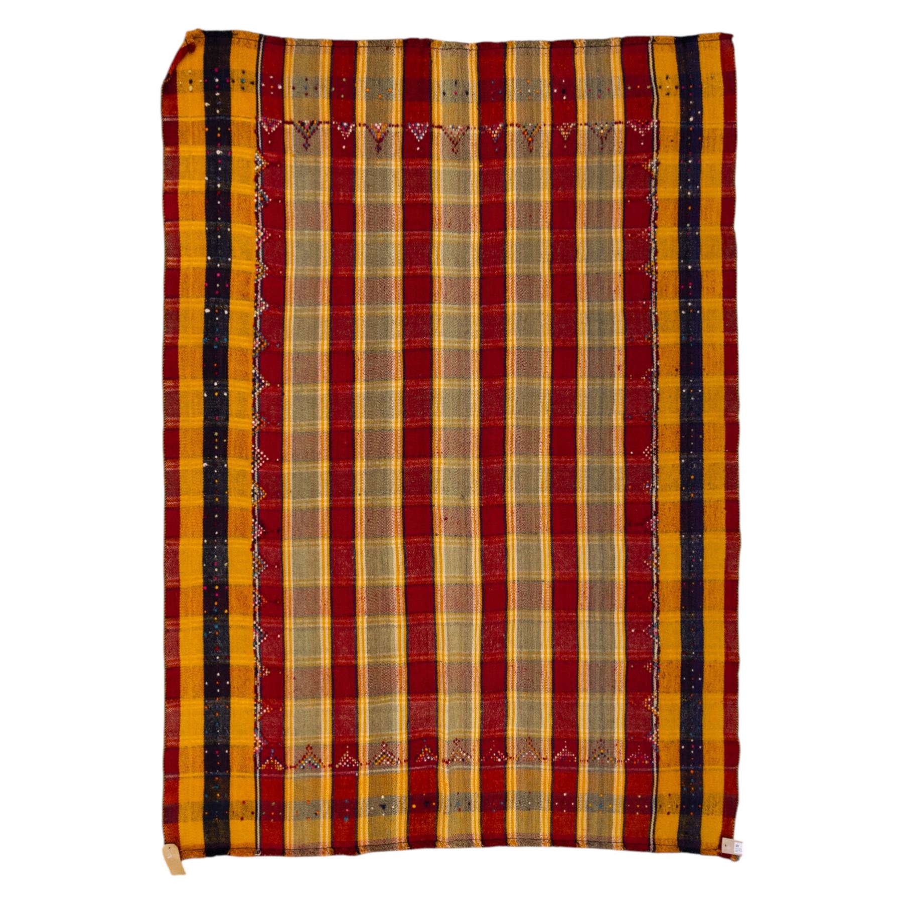 South West Persian Jajim flatweave kilim, field with alternating vertical bands of red, yellow, navy and pale green, decorated with geometric and polychrome raised pile accents, fringe ends 