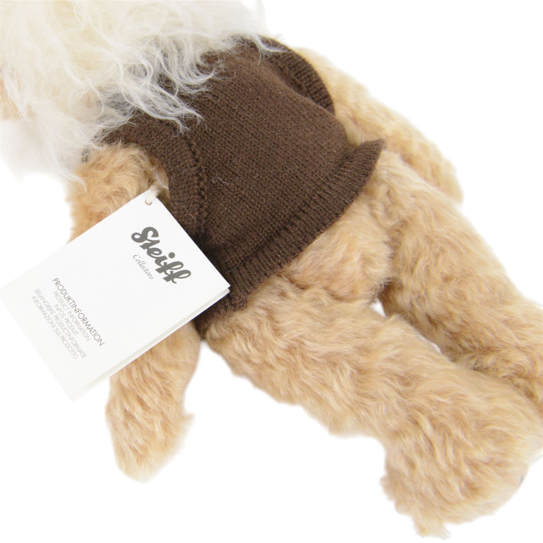 Limited edition Steiff Einstein bear, jointed blonde mohair bear with distinctive grey moustache and hair, dressed in a knitted brown waistcoat with swing tag and button in ear, limited to 1905 pieces, boxed with certificate of authenticity, bear H30cm
