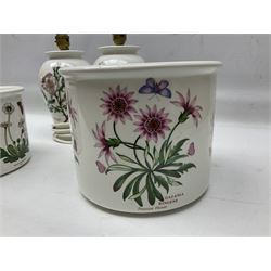Two Portmeirion Botanic Garden table lamps, together with two Portmeirion Botanic Garden planters