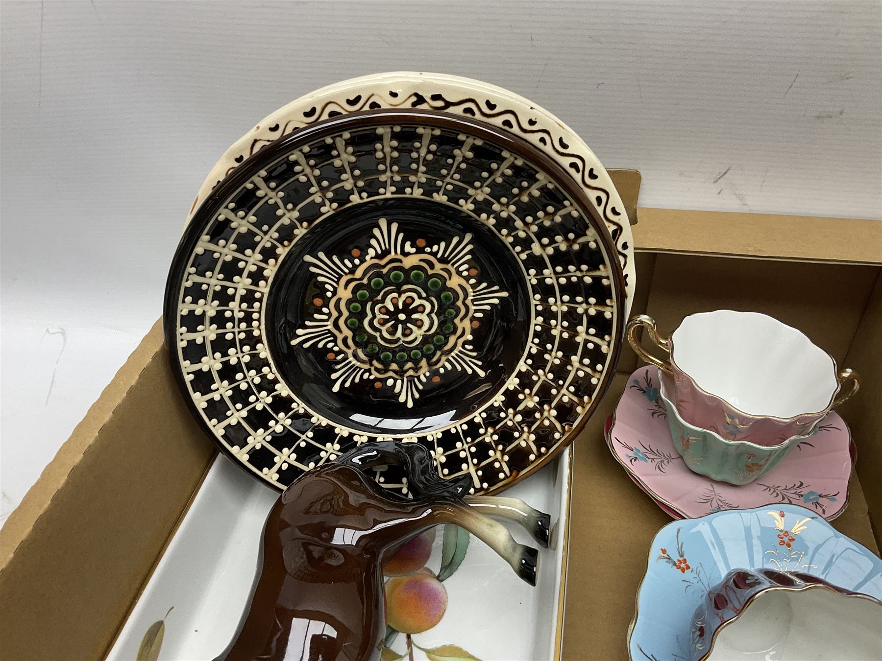 Quantity of ceramics, to include Royal Albert Old Country Roses coffee pot and large bowl, Villeroy & Boch, Wedgwood Majolica, Kalocsa of Hungary, Beswick Basset Hound, Herend of Hungary, mid century vase of tapering form with orange and black striped decoration, etc in three boxes