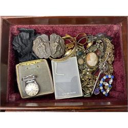 Silver jewellery including rope twist necklace and bracelet, flat charm bracelet, Scarborough Hospital medallion, pair of Scottish flag cufflinks, all hallmarked or stamped and other vintage and later costume jewellery including simulated pearl necklace with gold clasp Swarovski brooch, in a wooden jewellery box