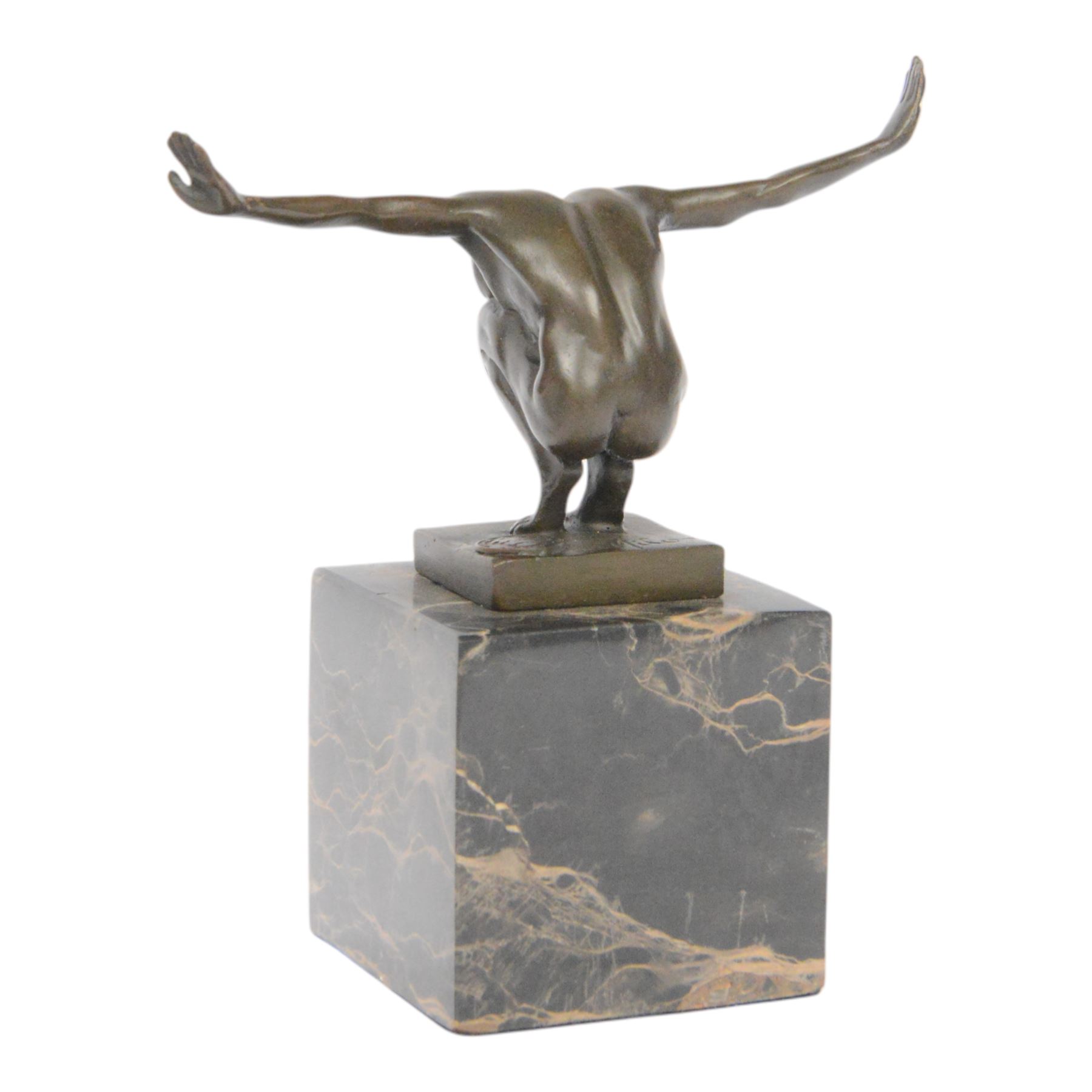 After Miguel Fernando Lopez Power of Silence, modelled as a athlete crouched with arms outstretched, signed Milo, upon a marble plinth, H15cm