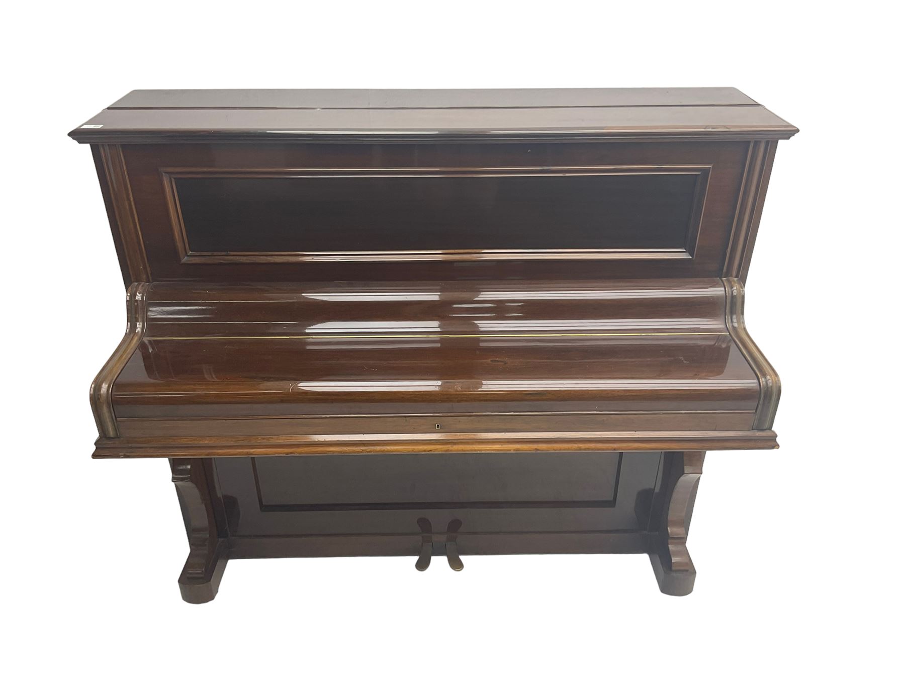 Knauss Coblenz - early 20th century rosewood cased upright piano, straight strung iron movement, simulated ivory keys