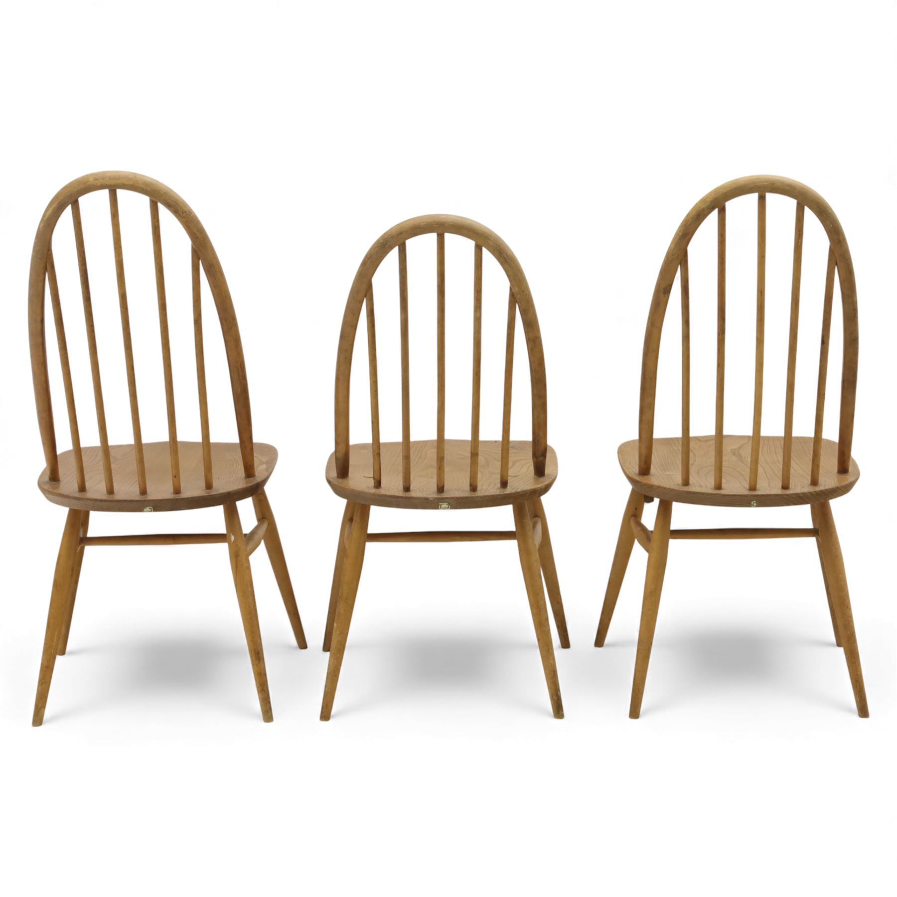 Ercol - set of three Quaker back dining chairs, two tall and one smaller hoop backed chairs