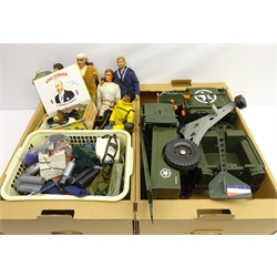  Collection of toy figures including vintage action man figure with eagle eyes, action man clothing and accessories and other similar non action man figures and accessories in two boxes  