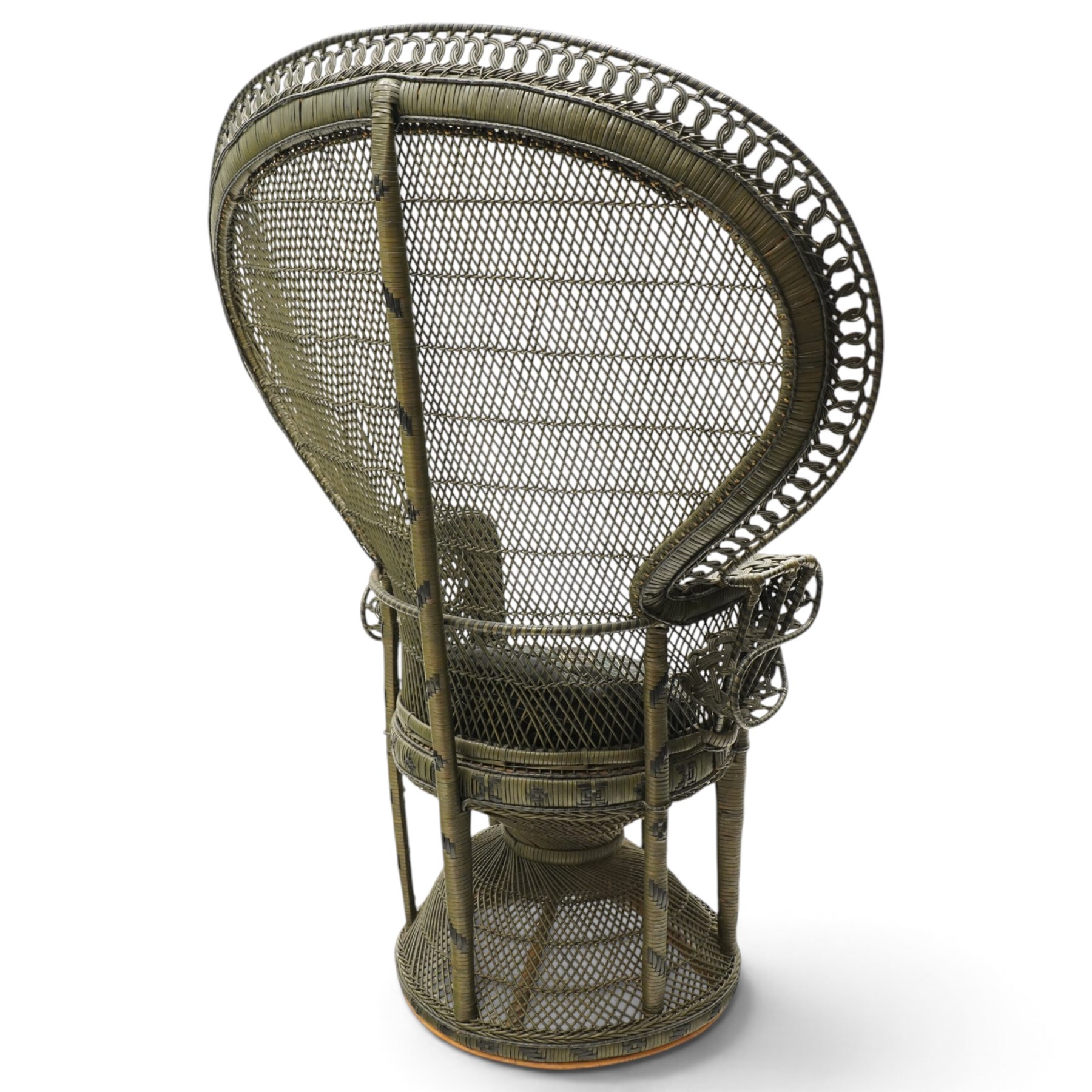 Mid-20th century wicker and rattan Peacock chair in unusual tones of dark olive and black, high fan back with a pieced and woven frame terminating to scrolled arms, with loose seat cushion