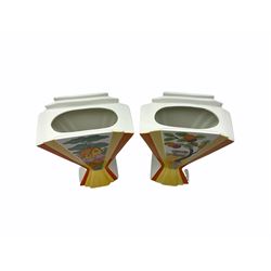 Two Wedgwood Clarice Cliff sunray vases, in Caravan design and Orange Roof Cottage design, both limited edition, H21.5cm. 
