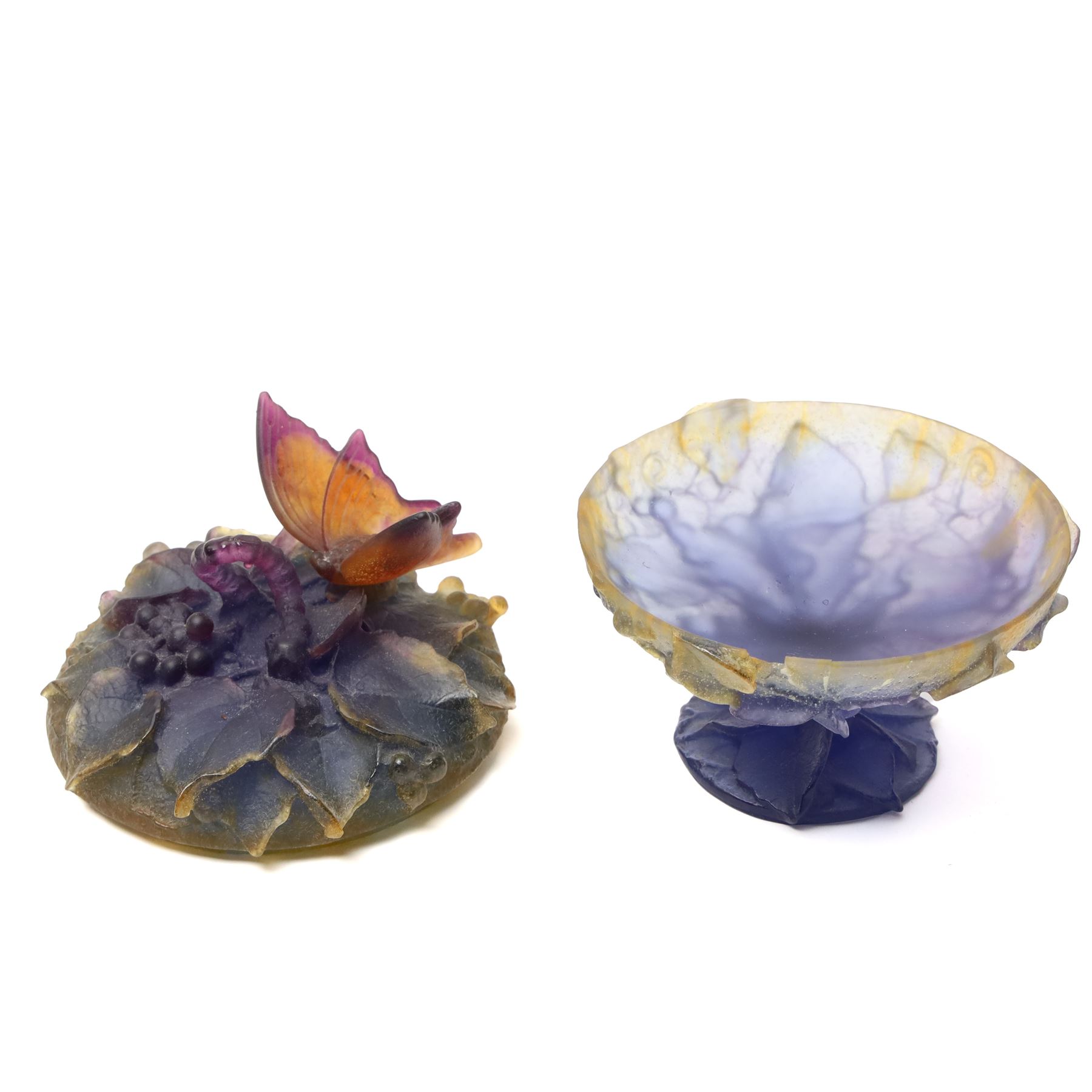 Two Daum Pate de Verre dishes, one with cover, naturalistically formed and decorated with insects and fruit in relief, each etched Daum France to base, both boxed, covered dish H14cm (2)