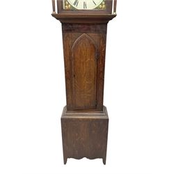 Ayers of Newcastle - 19th century oak cased 8 day longcase clock c1850, with a break-arch top and turned wooden finials, conforming hood door flanked by waisted pilasters and brass capitals, trunk door with an arched top, rectangular plinth with decorative base, painted dial with floral spandrels and a rural depiction to the arch, Roman numerals and minute track, with matching brass hands and subsidiary seconds and date dials, dial pinned directly to a rack striking movement, sounding the hours on a bell. With pendulum and weights.