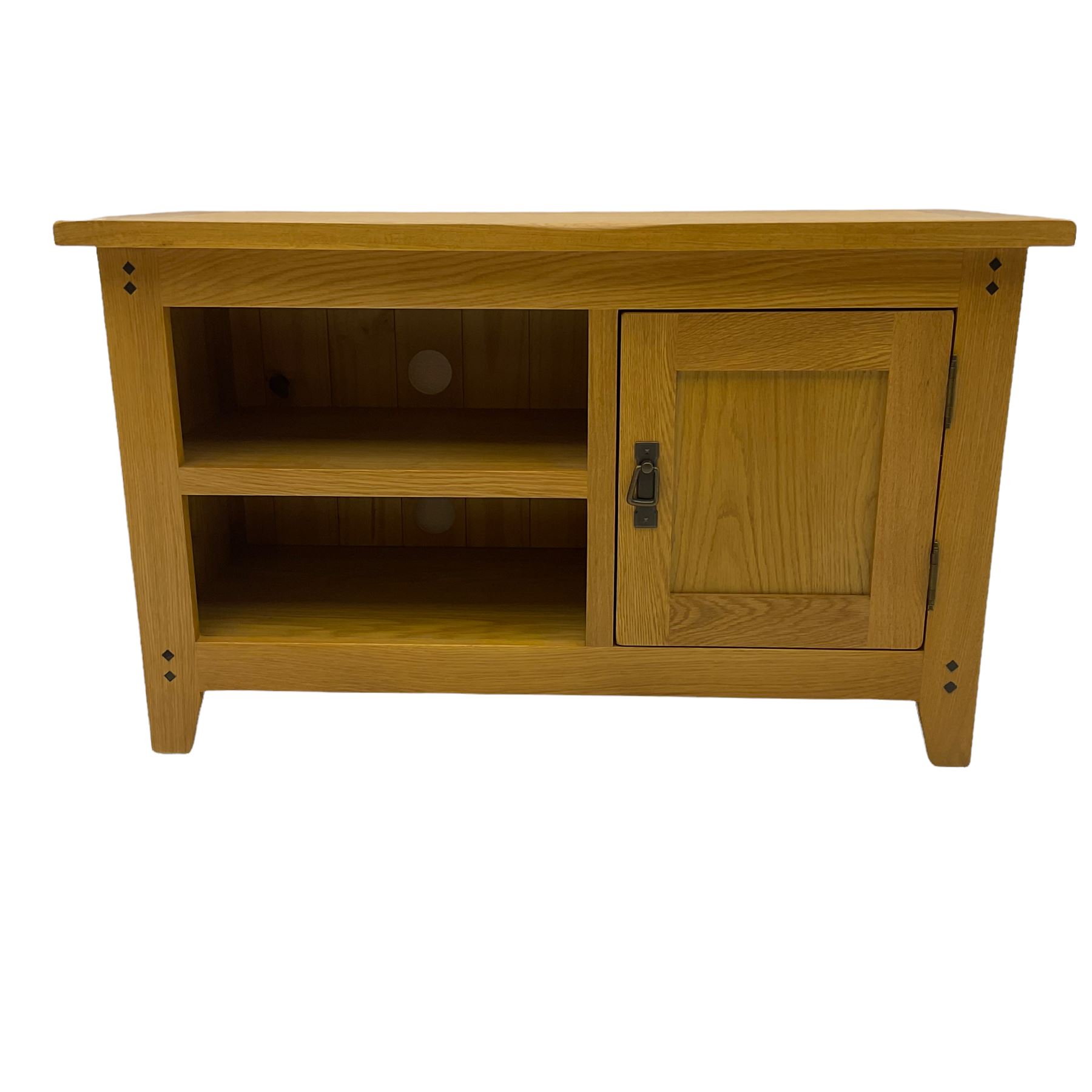 Solid light oak television stand, fitted with shelf and cupboard The