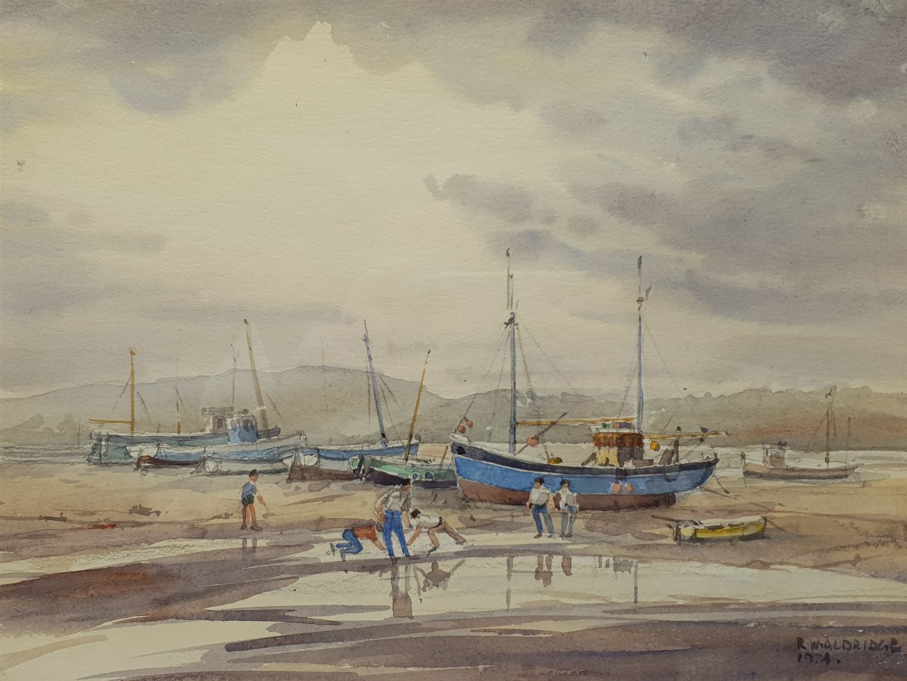Rowland De Winton Aldridge (British 1906-1997): 'Low Tide Evening', watercolour signed and dated 1974, titled verso 26cm x 35cm
Provenance: exh. The Mall Galleries, Carlton House Terrace, London, label verso