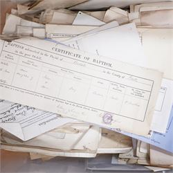 York and Yorkshire postal history and ephemera - large quantity of 19th and 20th century letters, postcards, stamped covers, empty envelopes, receipts, invoices, certificates, solicitor’s papers, estate papers and related ephemera, including York and Yorkshire addresses, Manor of Osbaldwick tithe rent-charge receipt, Joseph Peters & Sons solicitor material, marriage certificates, family correspondence, business invoices, Canadian/Montreal cover and various Victorian and later postal markings and stamps, in four large crates