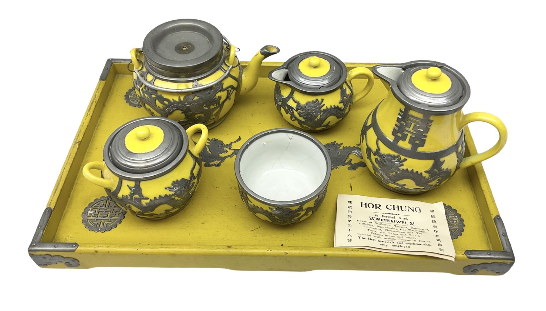 Chinese Hor Chung Wei Hai Wei tea set five pieces, bound by figurative pewter upon a decoration tray