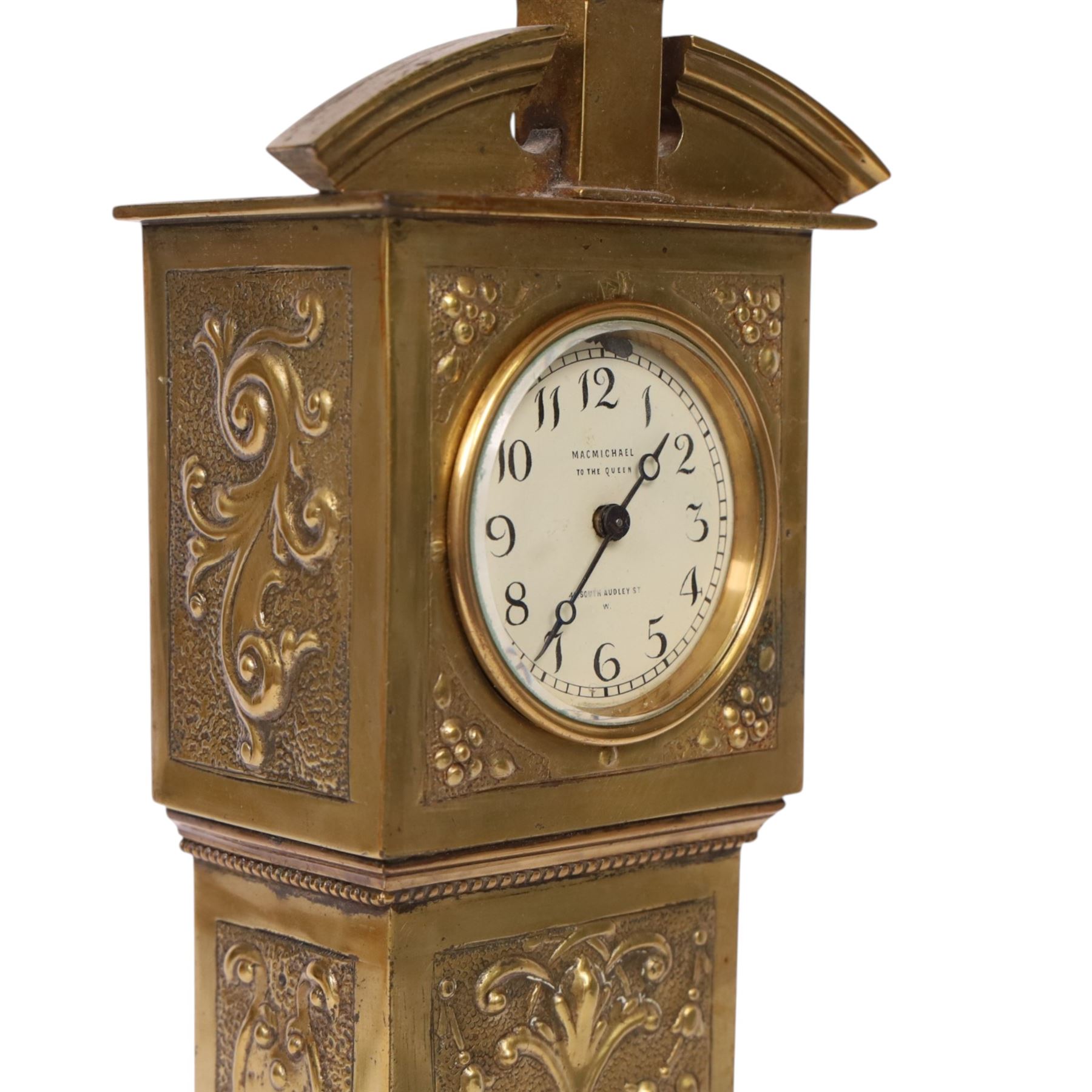 Victorian brass miniature longcase clock, the dial signed MacMichael, 42 South Audley St, London, H45cm