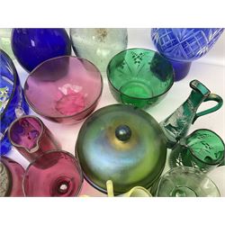 Collection of coloured glass, including blue glass decanter, Mary Gregory style painted examples and hand blown glass animals
