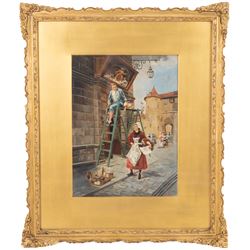 Continental School (20th Century): The Painter of Signs and Dutch Girls, pair overpainted prints on panel indistinctly signed 28cm x 20cm (2)