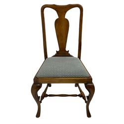 Late 20th century oak dining table, rectangular top with two draw leaf extensions, on turned supports united by moulded hayrake stretchers (180cm - 278cm x 90cm, H76cm); set of eight (6+2) oak dining chairs, shaped cresting rail over shaped splat back, upholster drop-in seat, on cabriole supports united by turned H-shaped stretchers 