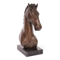  Bronze bust of a horse, upon a rectangular marble base, H33cm