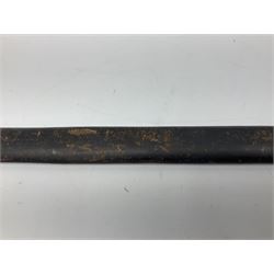 Reproduction Scottish basket hilted broadsword with 85cm double edged steel blade and red lined basket hilt with wire bound grip, in white metal mounted leather scabbard 107cm overall