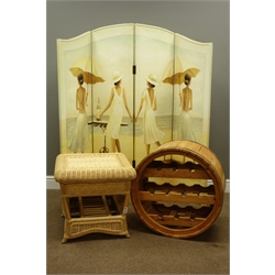  Three fold four panel dressing screen decorated with beech scene, circular rustic bottle rack and a cane table  