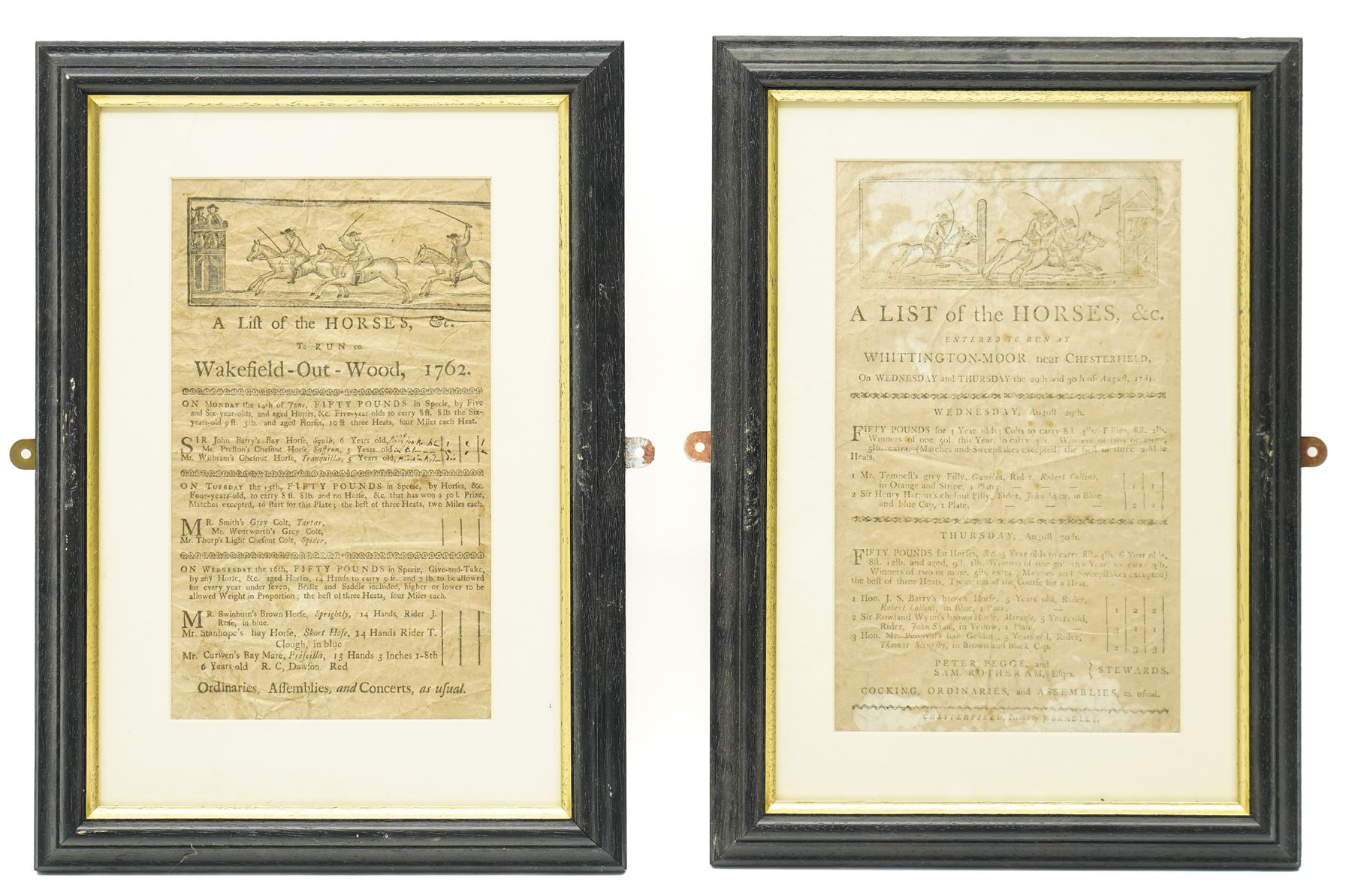 18th century handbill for 'Wakefield-Out-Wood June 1762' with 'Ordinairies, Assemblies and Concerts as usual' 27cm x 16cm, framed and another 'Whittington-Moor near Chesterfield August 1781 29cm x 17cm (2) 
Provenance: property of a Nobleman