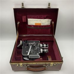 Paillard Bolex H8 RX4 cine camera body with turret for interchangeable lenses, serial no. 216071, with 'Macro Switar H8RX f1.4 36mm' lens, serial no.863406, 'Macro Switar H8RX f1.3 12.5mm' lens, serial no. 865770, 'Switar H8RX f1.6 5.5mm' lens, serial no. 937691 and RX fader, in fitted leather case