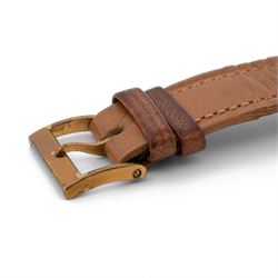 Delbana gentleman's 18ct gold manual wind chronograph wristwatch, circa 1950, dial with square and Arabic hour markers, subsidiary dials at 3 and 9 for seconds and 30 minute recording, stamped 18K 750 with Helvetia hallmark, on brown leather strap
