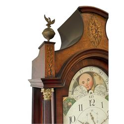 John Bancroft of Scarborough - a fine late George III 8-day mahogany longcase clock, with an elaborate pagoda pediment, brass ball and eagle finials and oval conch shell inlay, break arch hood door flanked by reeded pilasters with brass Corinthian capitals, trunk with inlaid canted corners and a break arch trunk door with 