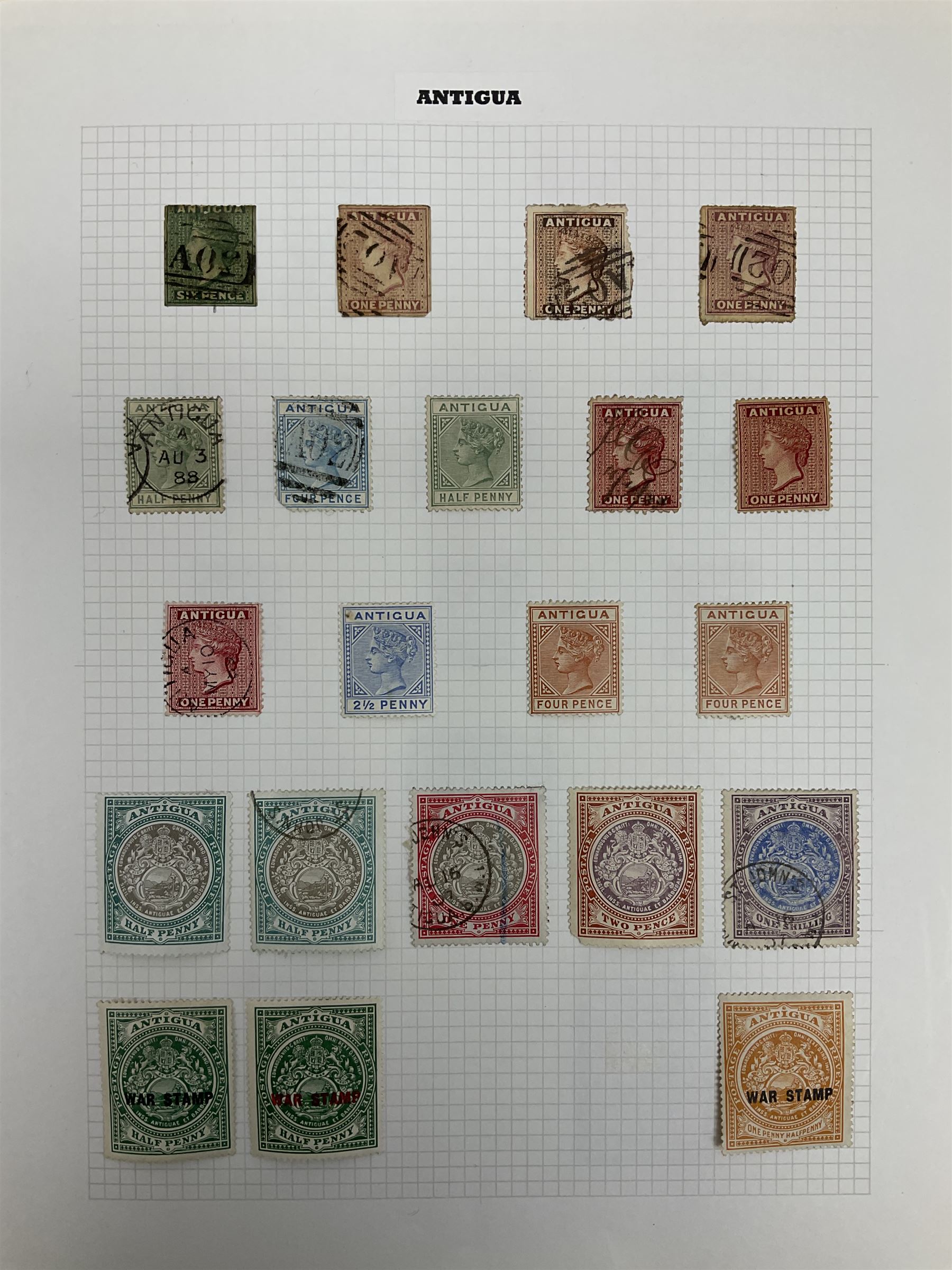 Antigua Queen Victoria and later stamps, including War stamp overprints etc and Bahamas Queen Victoria and later stamps, including Crown Colony, War Charity and other overprints etc, housed on pages