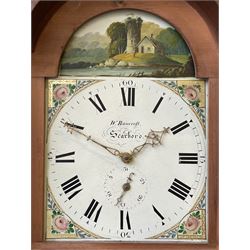 Thirty-hour oak cased longcase clock by  William Bancroft of Scarborough circa 1830, with a swan’s neck pediment, brass patera and three brass spire and ball finials, stepped break arch hood door flanked by plain pillars with brass capitals, trunk with a full length door and curved arch top, on a plain square plinth with bracket feet, painted break arch dial with roman numerals and quarter hour Arabic’s, date recorder (anti clockwise) and matching brass hands, arch painted with a rural scene depicting a ruined tower and cottage with depictions of flowers to the spandrels, dial pinned directly to a chain driven countwheel striking movement, striking the hours on a bell. With weight and pendulum. The Bancroft family were prodigious Scarborough clockmakers during the 18th and 19th century, William Bancroft is recorded as working in Newborough Street from 1820 onwards. 


