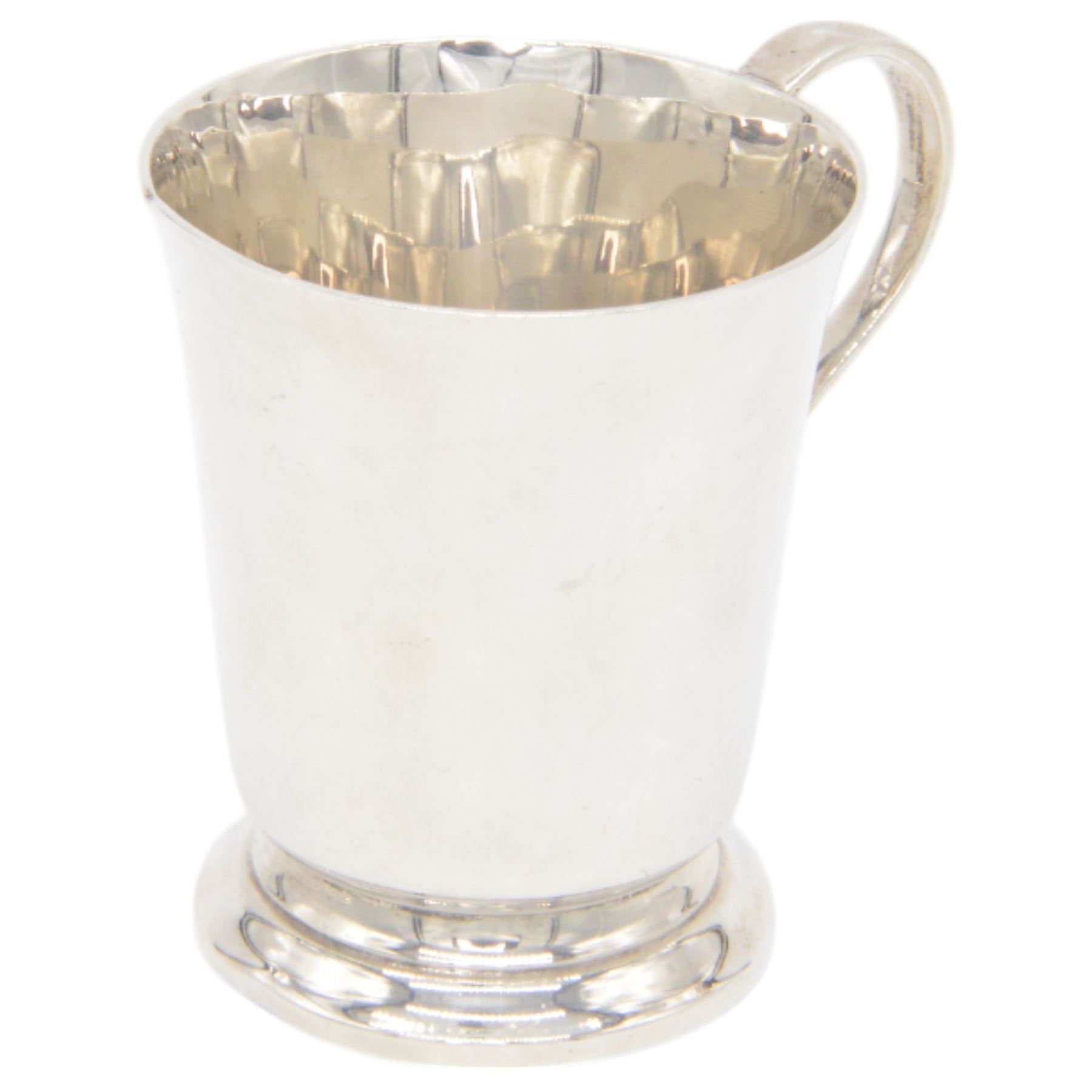 Set of six Scandinavian silver demitasse spoons decorated with green guilloche enamel, stamped 925s, together with a similar Scandinavian silver spoon in yellow guilloche enamel and 1950's silver christening cup, hallmarked J B Chatterley & Sons Ltd, Birmingham 1959, cup H7cm  