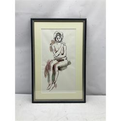 Peter Collins ARCA (British 1923-2001): Seated Nude with Headscarf, pen ink and wash 44cm x 23cm 
Provenance: artist's studio sale: The late Georgina and Peter Collins Collection, 'The Contents of Stanley Studios, Chelsea'; with Sulis Fine Art