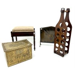 Edwardian piano stool, brass slipper box, bottle rack and a firescreen 
