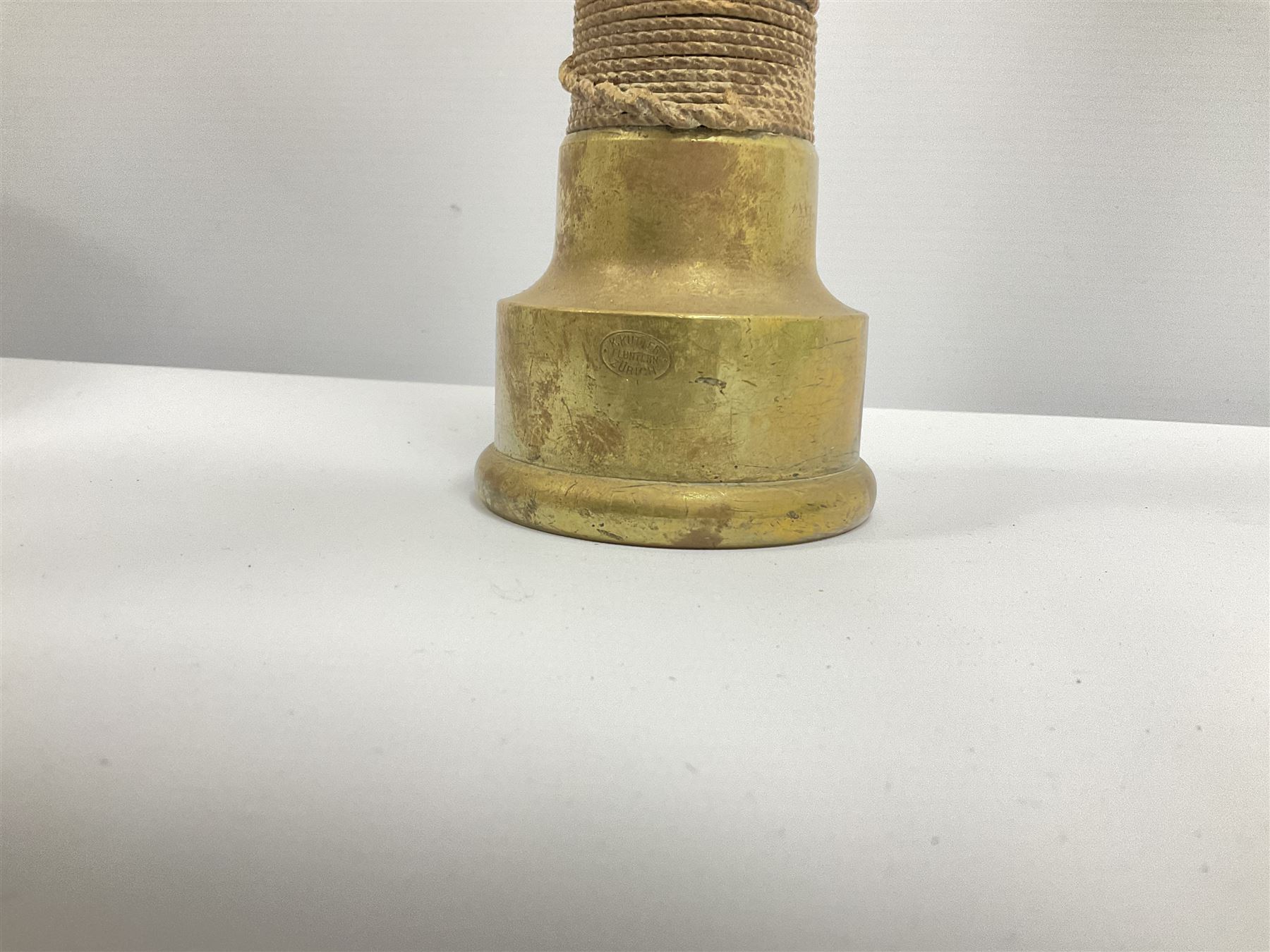 Brass fire hose coupling/nozzle, stamped 'K. Kutter, Fluntern, Zurich', l45.5cm