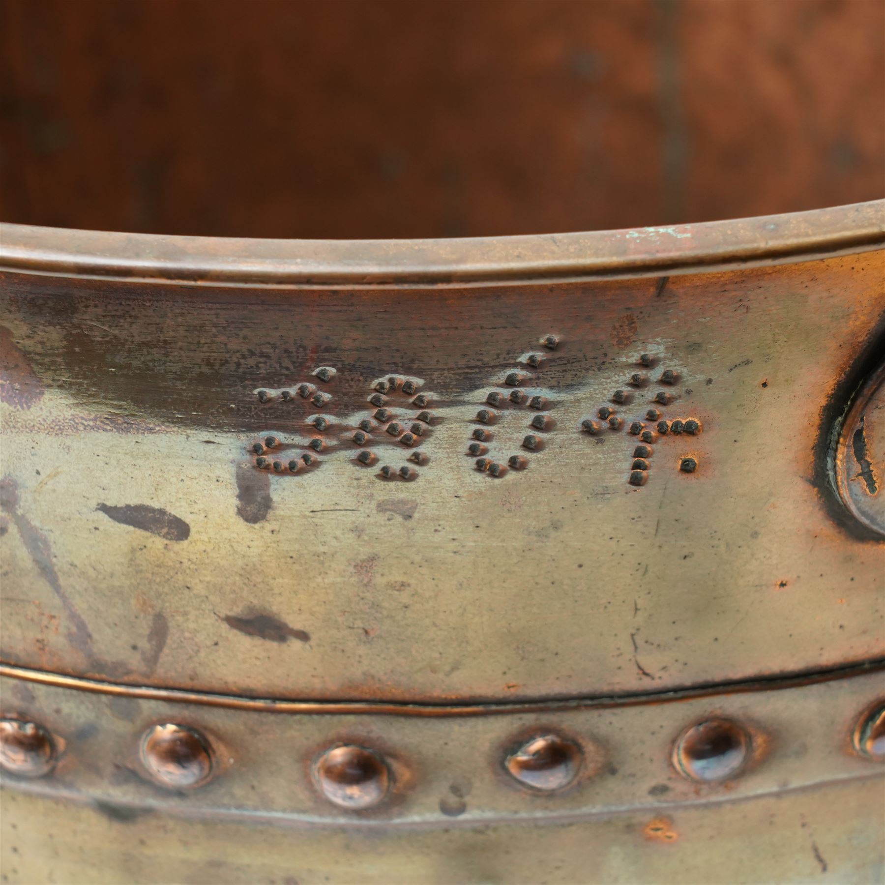 Riveted copper bucket with swing handle, marked with initials and 1864 H31cm x D34cm