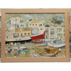 John Squire (British Contemporary): Figures and Donkeys on the Seafront, oil on canvas board signed, together with two similar oils and a mixed media by the same hand, max 65cm x 50cm (4)