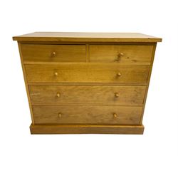 Craftsman made light oak chest, fitted with two short and three long drawers, on plinth base