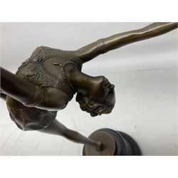  Art Deco style bronze figure of a female dancing with flame torches, raised upon marble socle base, signed F. Paris, H43cm