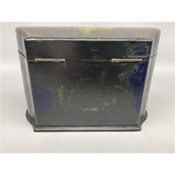 Victorian papier-mâché stationary box, of rounded wedge form with mother of pearl escutcheon, the hinged and curved cover and sides hand painted with floral sprays, opening to reveal a lined and fitted interior, H15cm L22cm D16cm