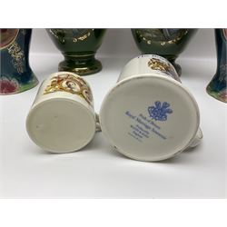 Set of four Chinese cloisonne enamel napkin rings, together with a pair of Strasburg Ware vases, a pair of similar larger continental vases and four Royal commemorative mugs